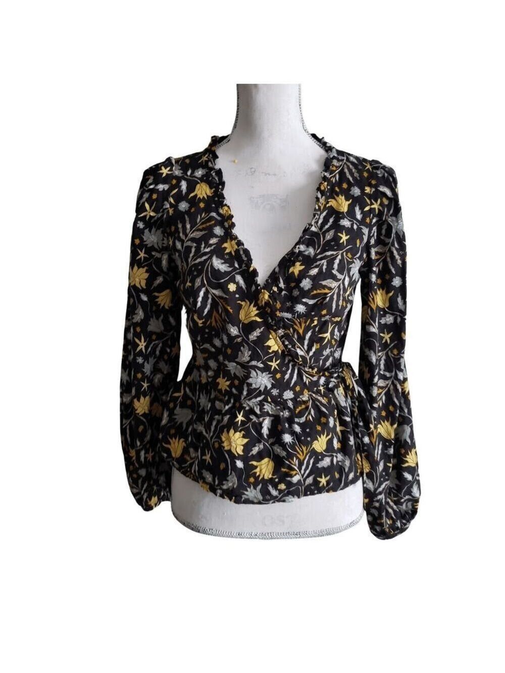 Universal Thread Black Floral Wrap Top Blouse Size XS